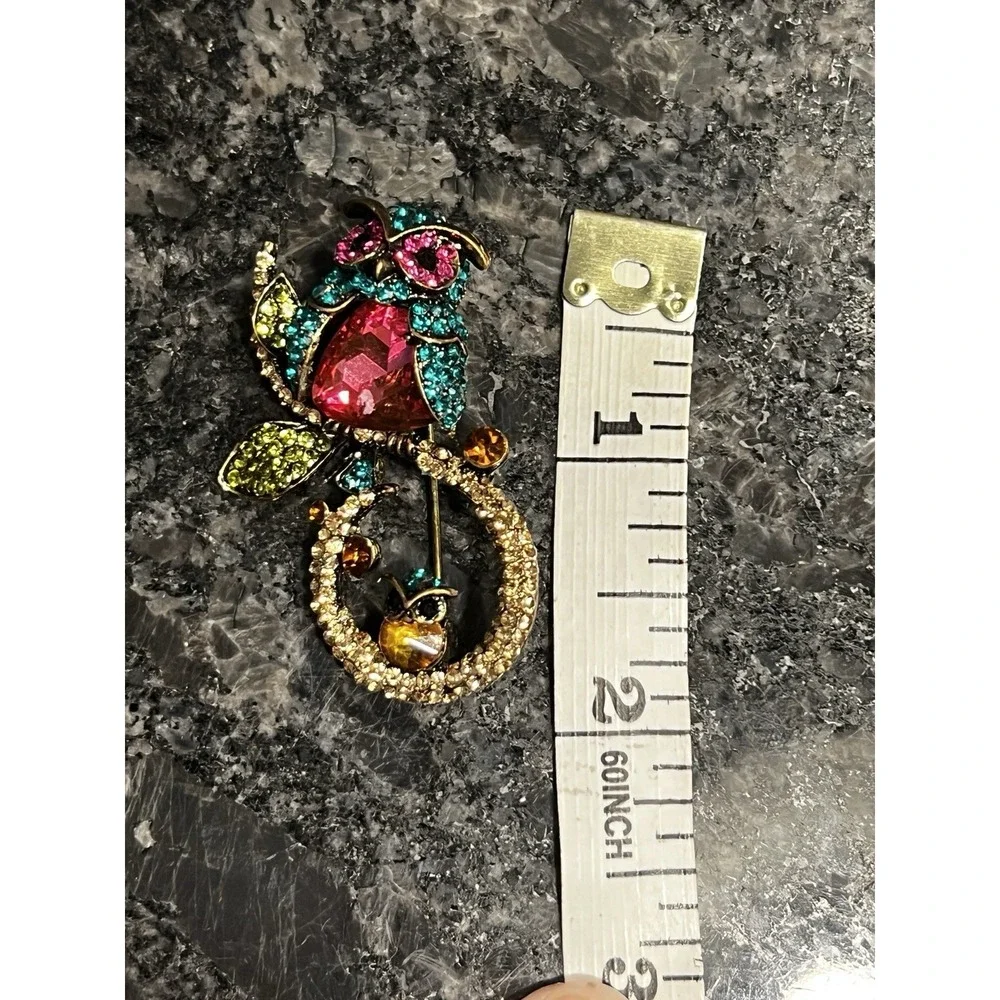 Vtg Owl Mommy Baby Brooch Rhinestones Lapel Bird Pin Whimsical Fashion Jewelry